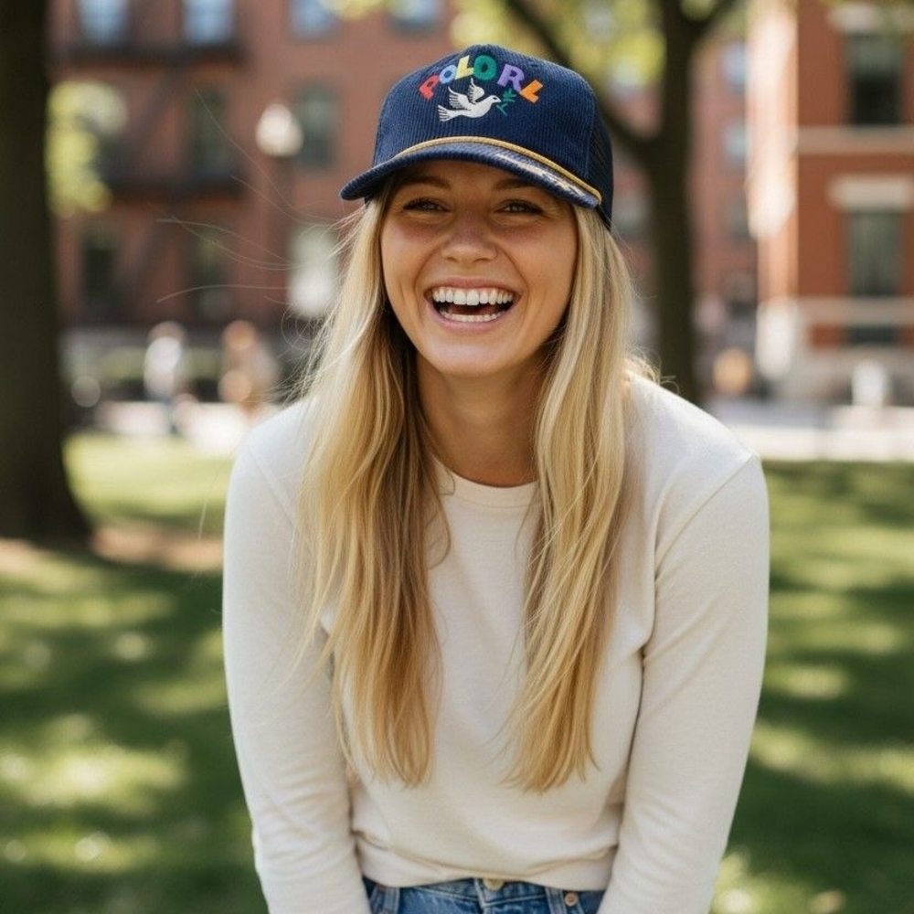 Polo Ralph Lauren Navy Corduroy PEACE LOVE DOVE Trucker Baseball Cap Hat - Picture 7 of 9